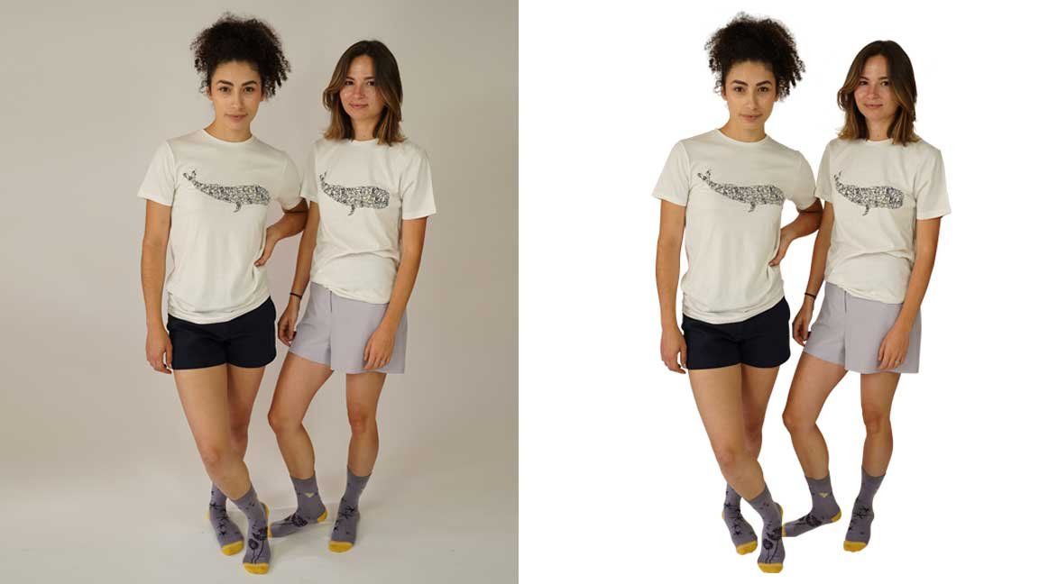 Two women wearing white t-shirts and shorts on a white background