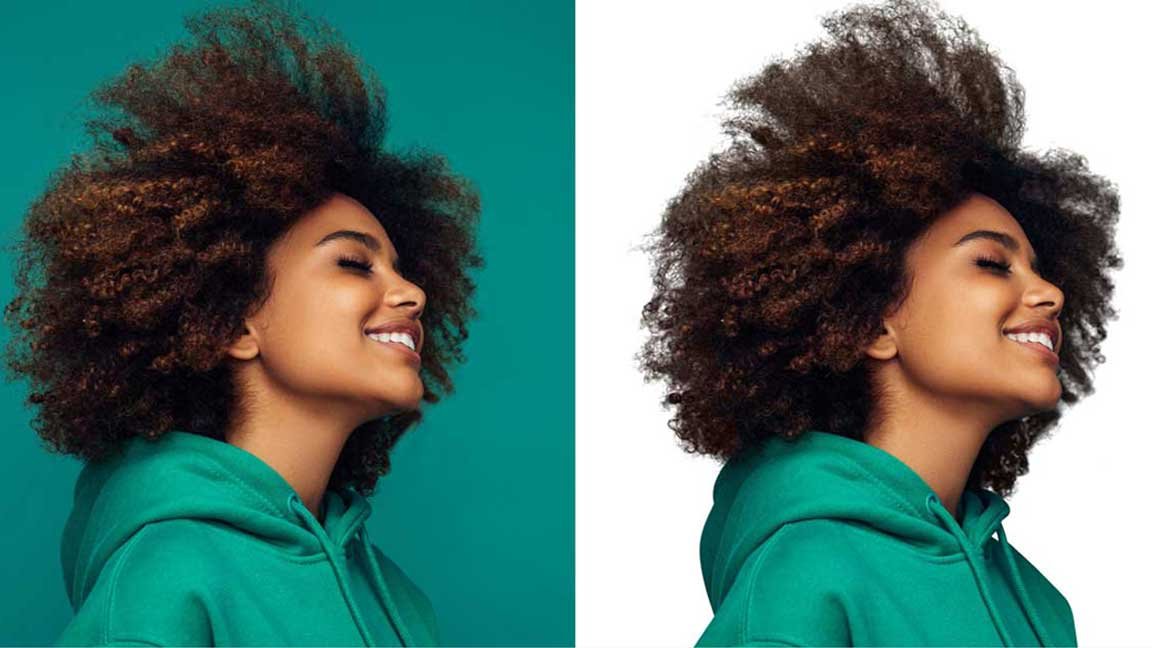 Before and after image masking showing curly hair cutout with clean edges on a white background