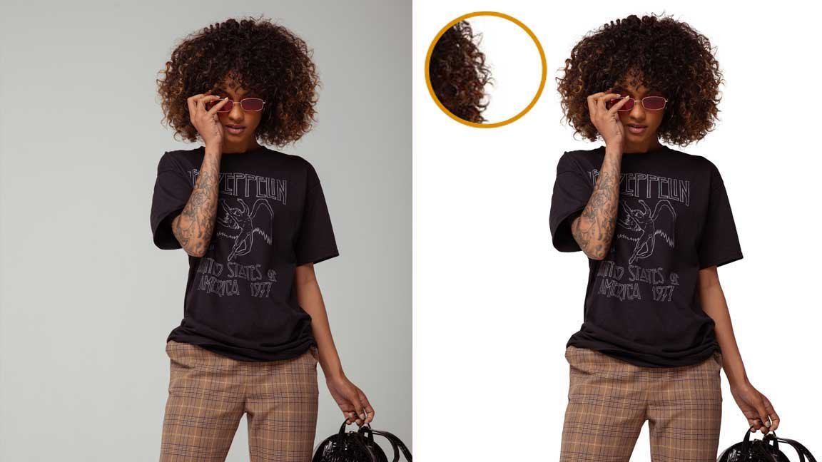 Image masking example showing precise hair cutout on a model with curly hair.