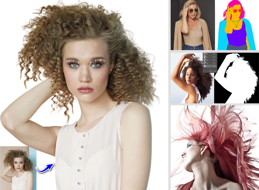 Image masking examples showing curly hair, fur, and floral edges cut out from their backgrounds